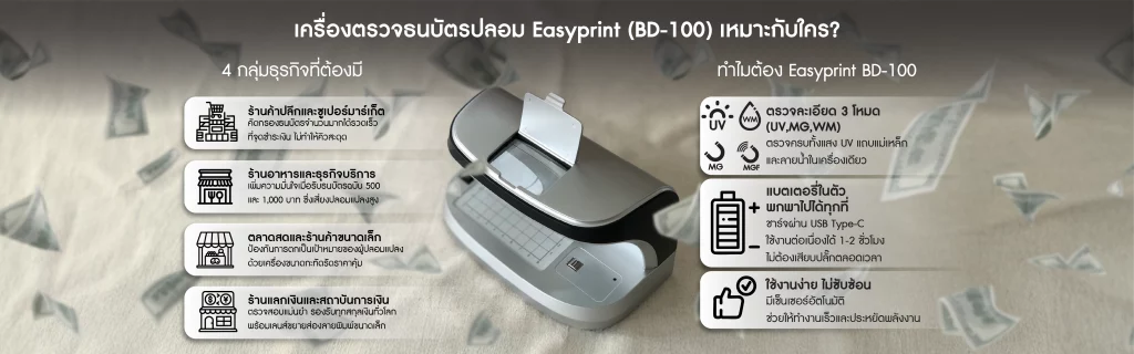 ตัวอย่างการใช้งานเครื่องตรวจธนบัตร EasyPrint สำหรับร้านค้าและจุดรับเงินสด